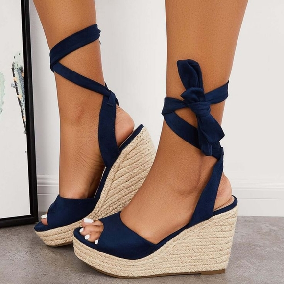 Navy Blue Espadrille Wedge Sandals - Picture 1 of 8